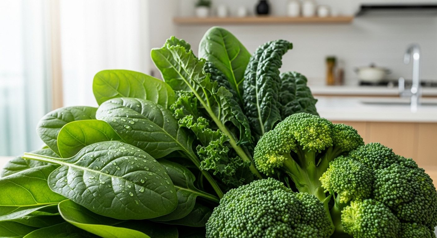 신선한 시금치와 브로콜리가 먹음직스럽게 놓여 있는 모습으로, 초록빛 채소의 싱그러움을 강조