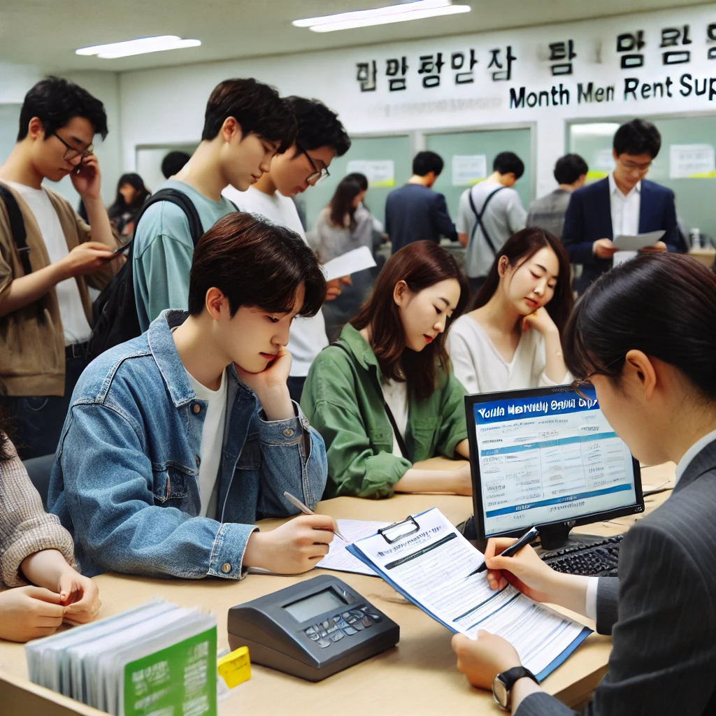 한국 정부기관 창구에서 청년들이 청년월세지원 신청 서류를 제출하는 모습