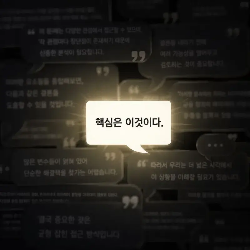 복잡한 문장과 말풍선 사이에서 밝게 빛나는 핵심 단어로 촌철살인의 의미를 표현한 이미지