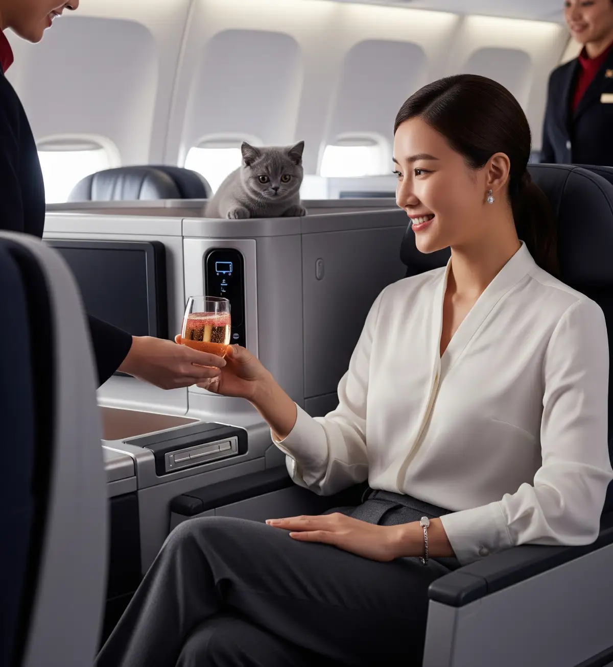 웨스트젯 프리미엄 클래스 좌석에서 웰컴 드링크를 받으며 편안하게 미소 짓는 여성 승객