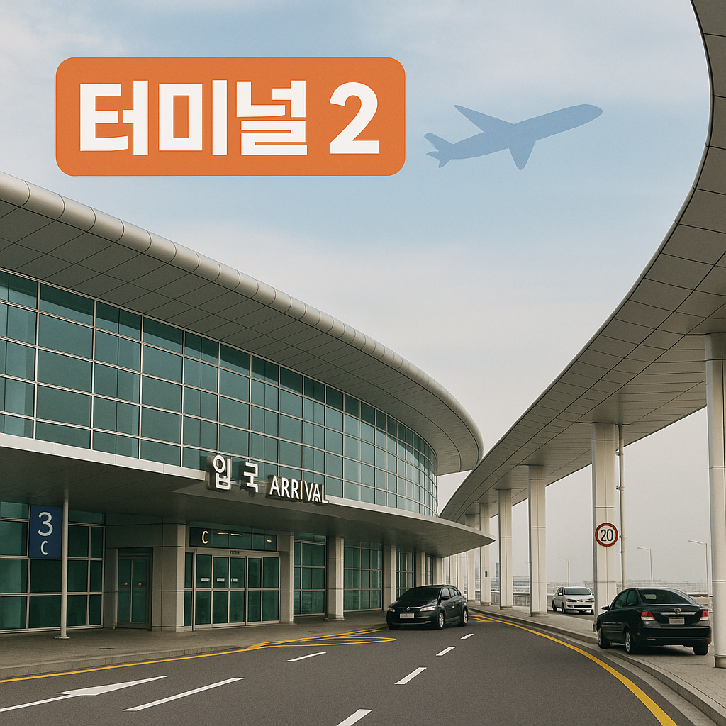 인천공항 터미널 2 입국장 앞 도로에 정차한 픽업 차량들과 도착 구역 안내 모습
