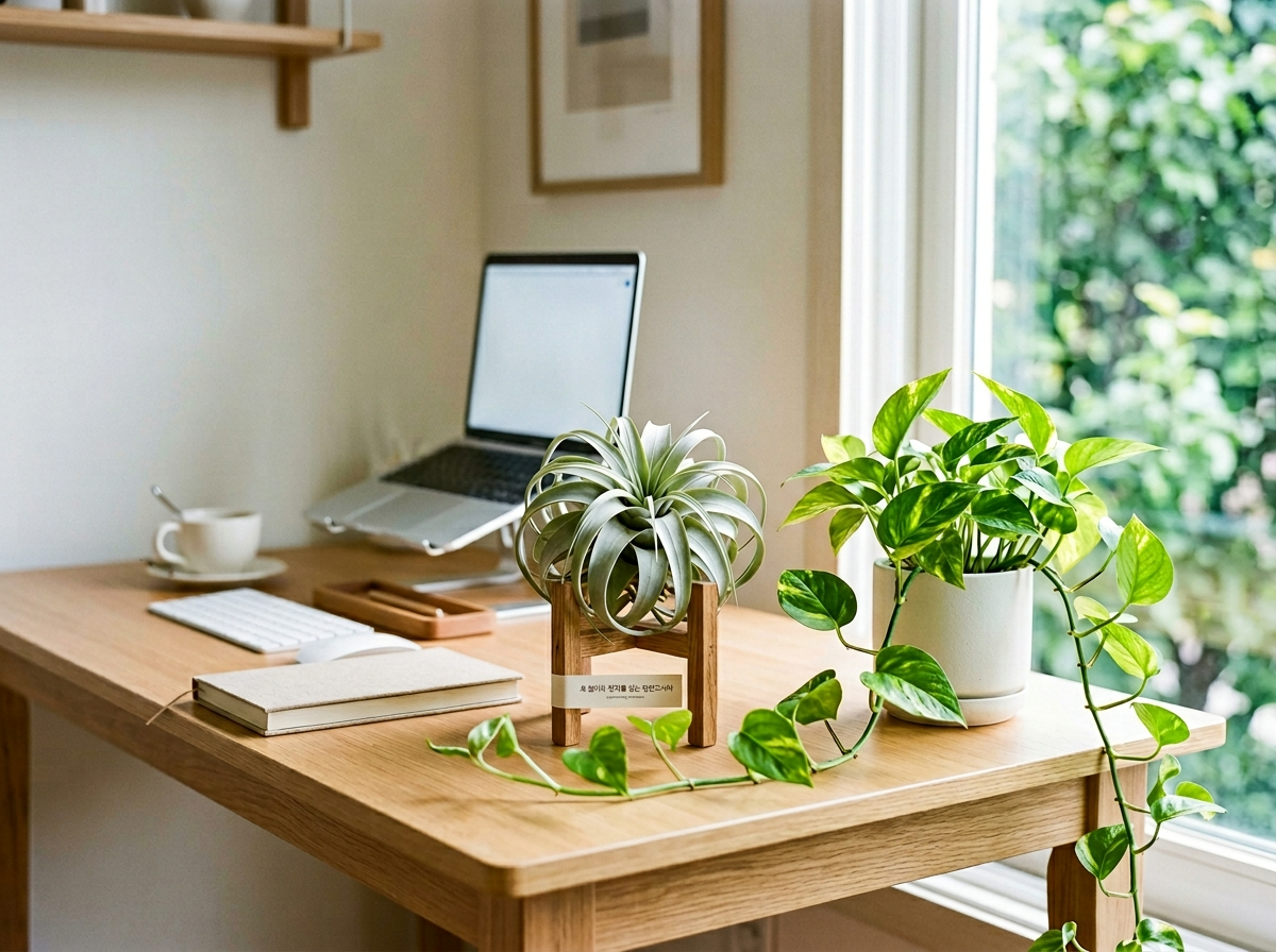 책상 공기정화식물, 틸란드시아효과, 황금포토스, 홈오피스 실내공기질
