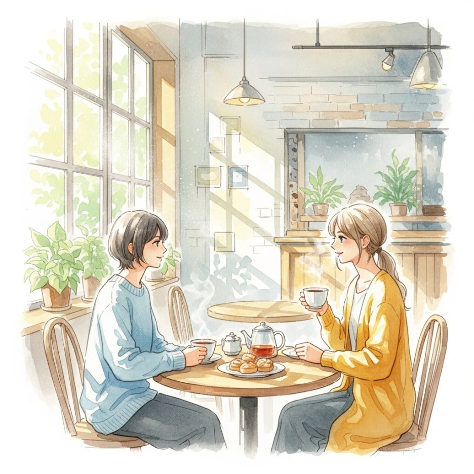 차를 마시며 대화를 나누는 사람들의 평온한 모습