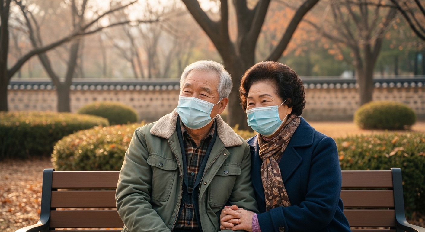 독감 시즌에 마스크를 착용한 60대 부부 모습