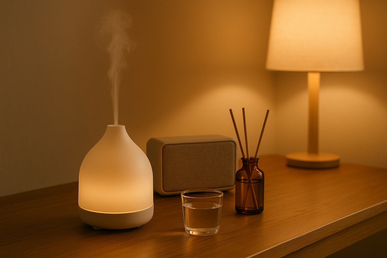아로마 디퓨저와 조명이 켜진 감성적인 실내 공간