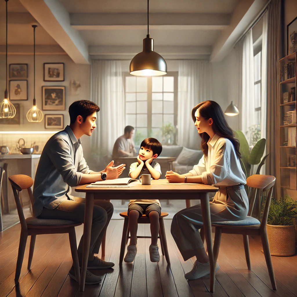 가족이 아이에게 사람을 존중하는 가치에 대해 가르치는 따뜻하고 세심한 순간을 묘사하고 있습니다.