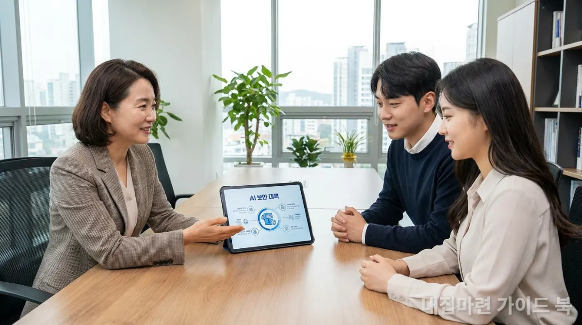 금융 전문가가 젊은 부부에게 AI 금융 서비스의 신뢰성을 설명하는 모습