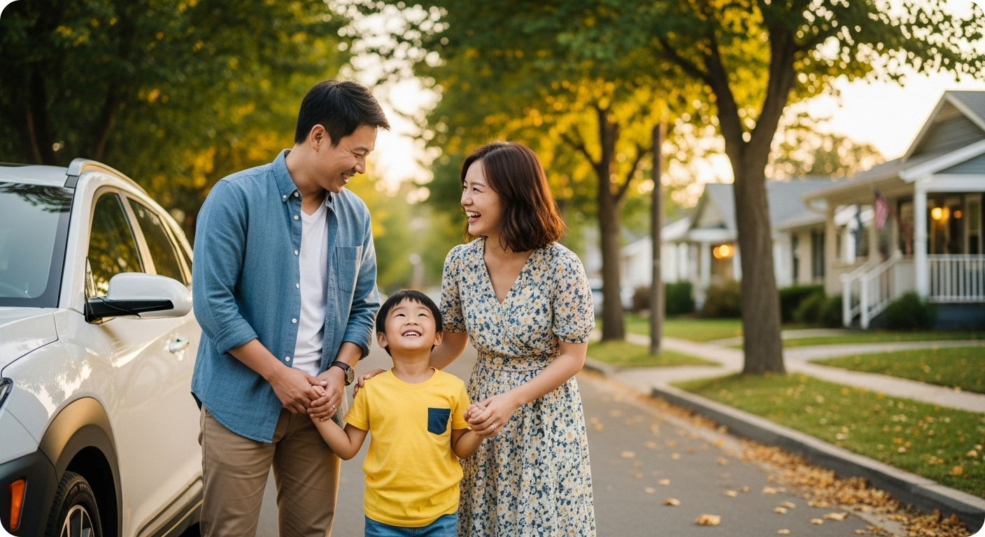 가족이 경차 옆에서 행복하게 웃고 있는 모습, 경차 유류세 환급 대상의 가족 기준을 상징.