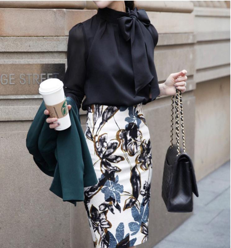 여성 하프넥 왕리본 쉬폰 블라우스 블랙 화이트 2113