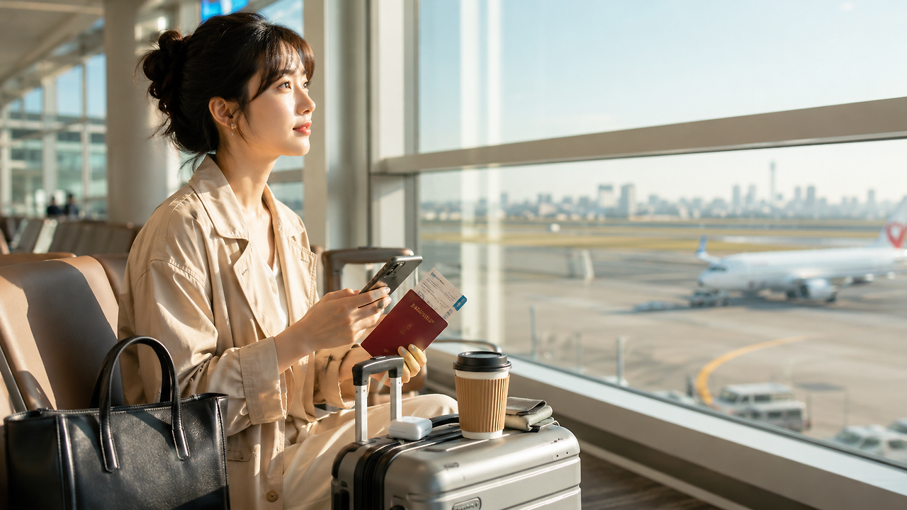 일본 공항, 캐리어, 여권, 여행 준비 분위기의 이미지