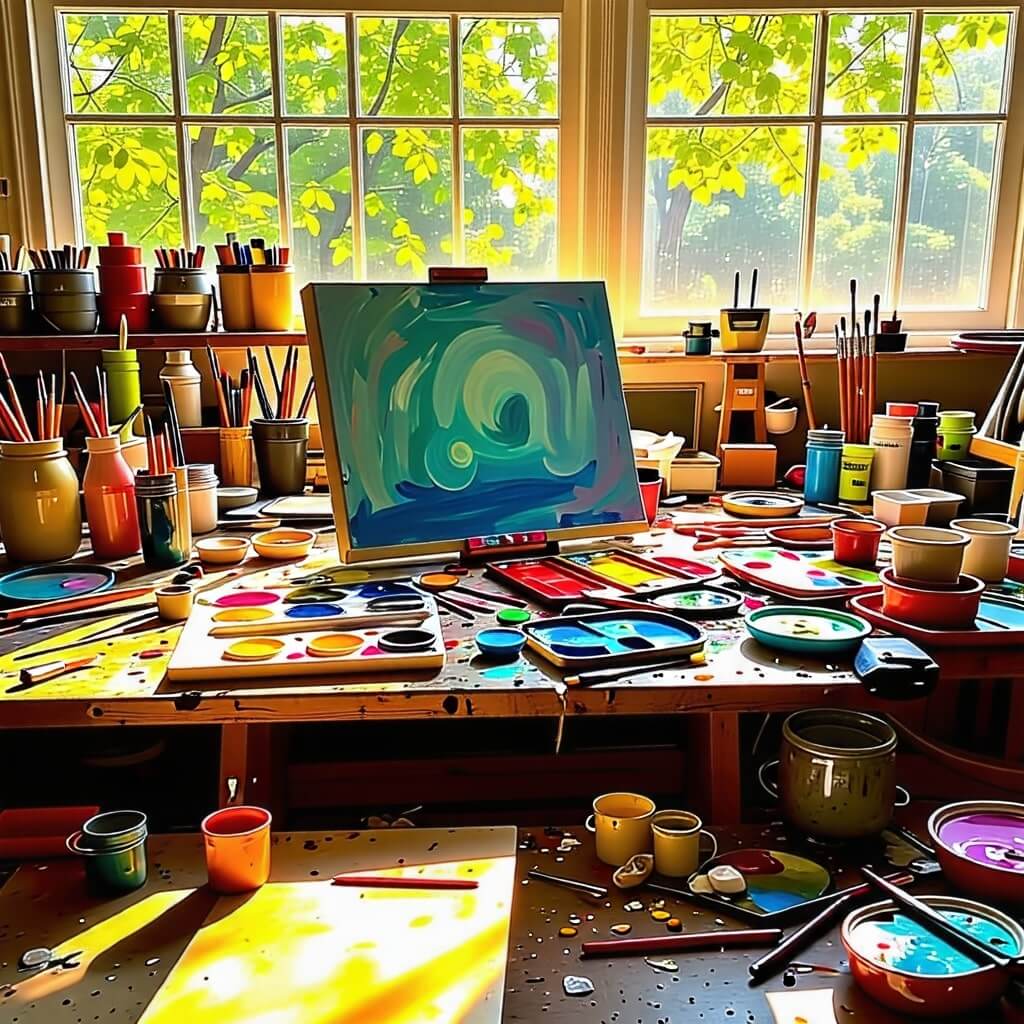 작업 공간: 아티스트가 작업하는 공간을 보여주는 이미지. 캔버스, 물감, 붓, 조각 도구 등이 어지럽혀진 테이블 위에 놓여 있고, 창문을 통해 자연광이 들어오는 모습