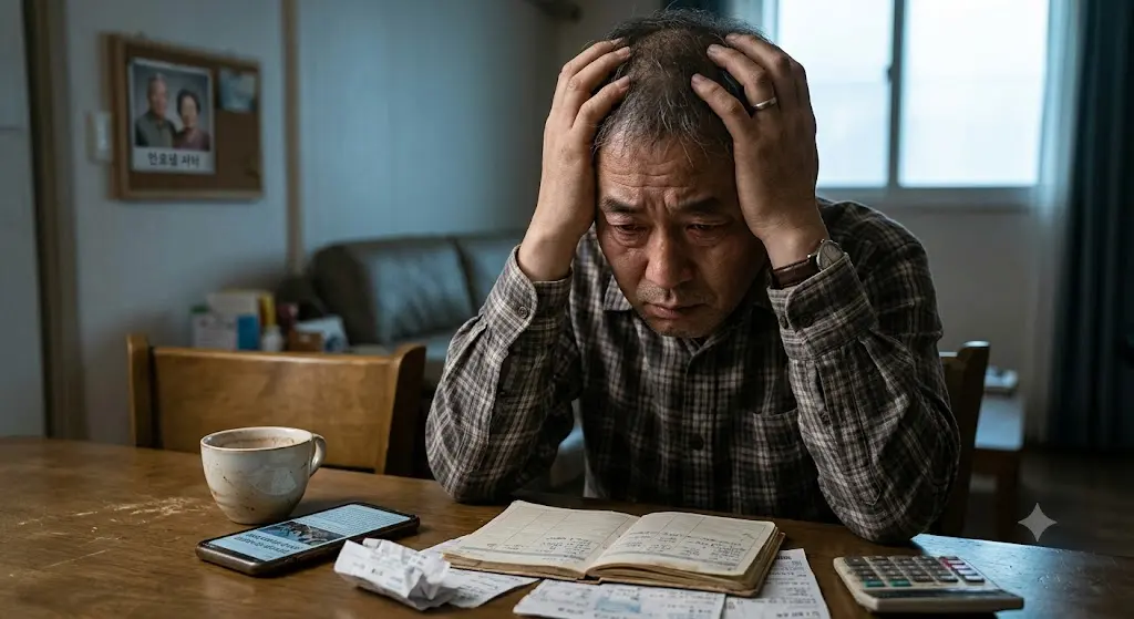 금리인상에 가계부 걱정하는 중년이미지