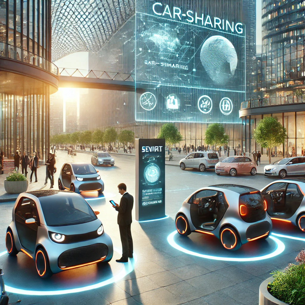 미래형 도심 배경에서 스마트 허브에 주차된 차량 공유 차량, 디지털 인터페이스와 친환경 브랜딩이 강조된 모습. 사람들이 스마트폰으로 서비스를 사용하는 활기찬 장면