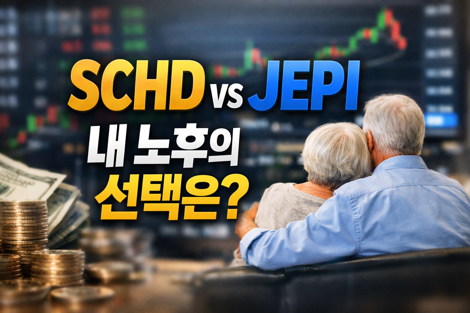 SCHD와 JEPI를 비교하며 노후 투자 전략을 고민하는 이미지, 주식 차트 배경과 노부부 실루엣, 배당 투자 선택 콘셉트