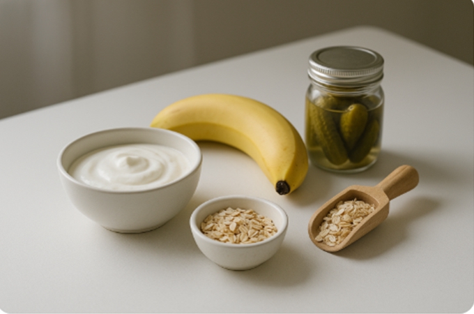 요거트와 바나나, 귀리, 발효식품이 놓여 장내 미생물 균형에 도움이 되는 식단 구성을 보여줍니다.