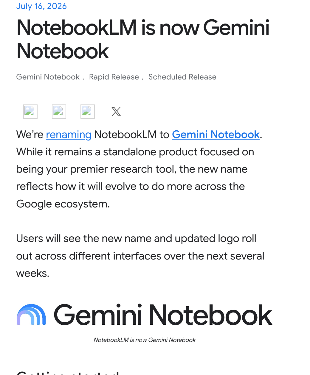 구글 워크스페이스 업데이트 블로그에 NotebookLM is now Gemini Notebook 제목과 2026년 7월 16일 날짜가 보이는 화면