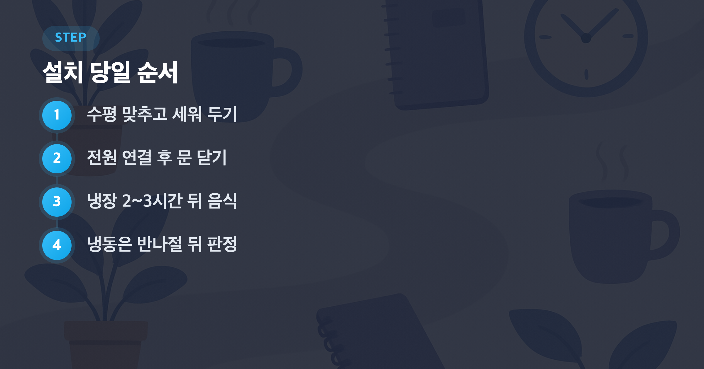 설치 당일 순서: 수평 맞추고 세워 두기, 전원 연결 후 문 닫기, 냉장 2~3시간 뒤 음식, 냉동은 반나절 뒤 판정
