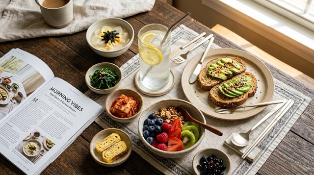 아침 식탁의 레몬수 한 잔