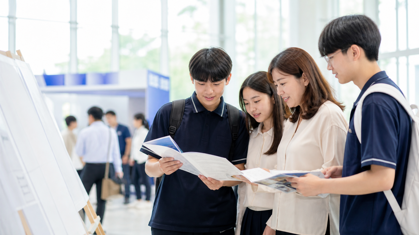 입학 정보 박람회에서 대학 안내 자료를 함께 확인하는 학생과 보호자