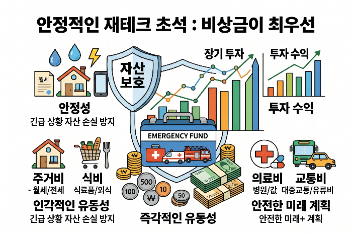 비상금 통장이 투자 그래프보다 먼저 배치된 금융 안전장치 인포그래픽
