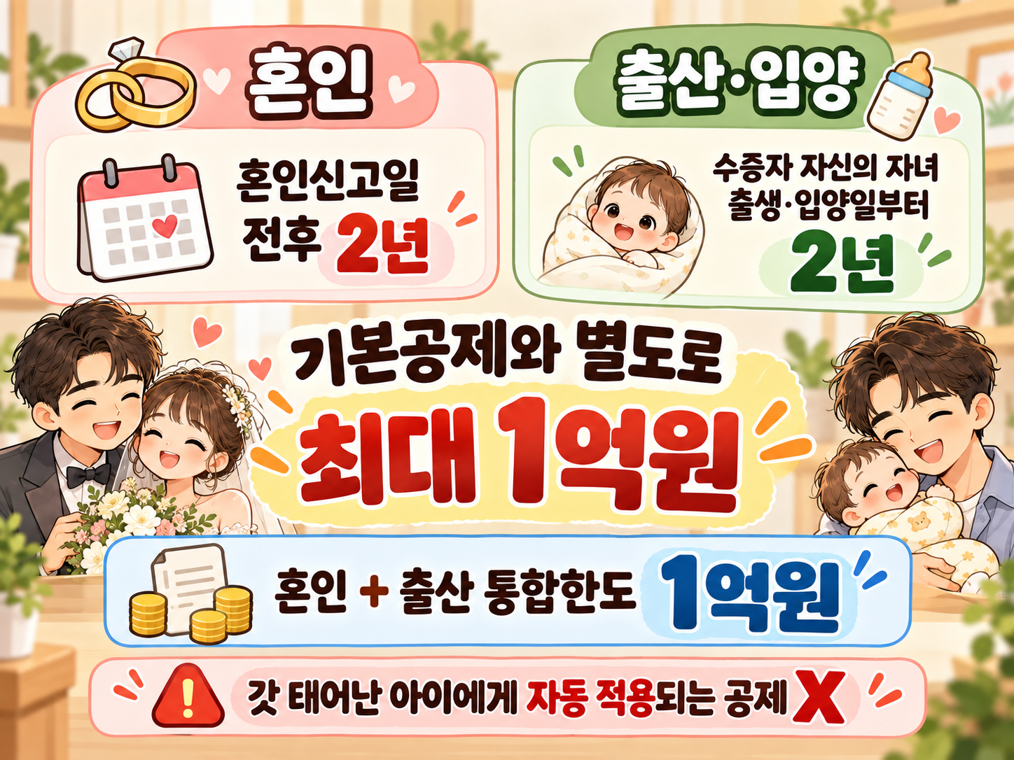 혼인신고일 전후 2년과 수증자 자신의 자녀 출생 또는 입양일부터 2년에 적용되는 혼인 출산 추가공제와 통합한도 1억원을 설명한 이미지