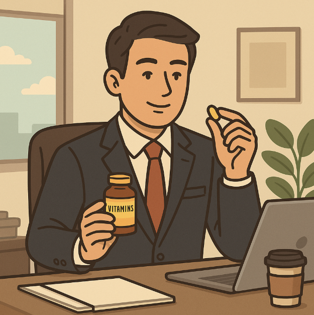 사무실 책상 앞에서 비타민 영양제를 들고 섭취 준비를 하는 정장 차림의 직장인 남성