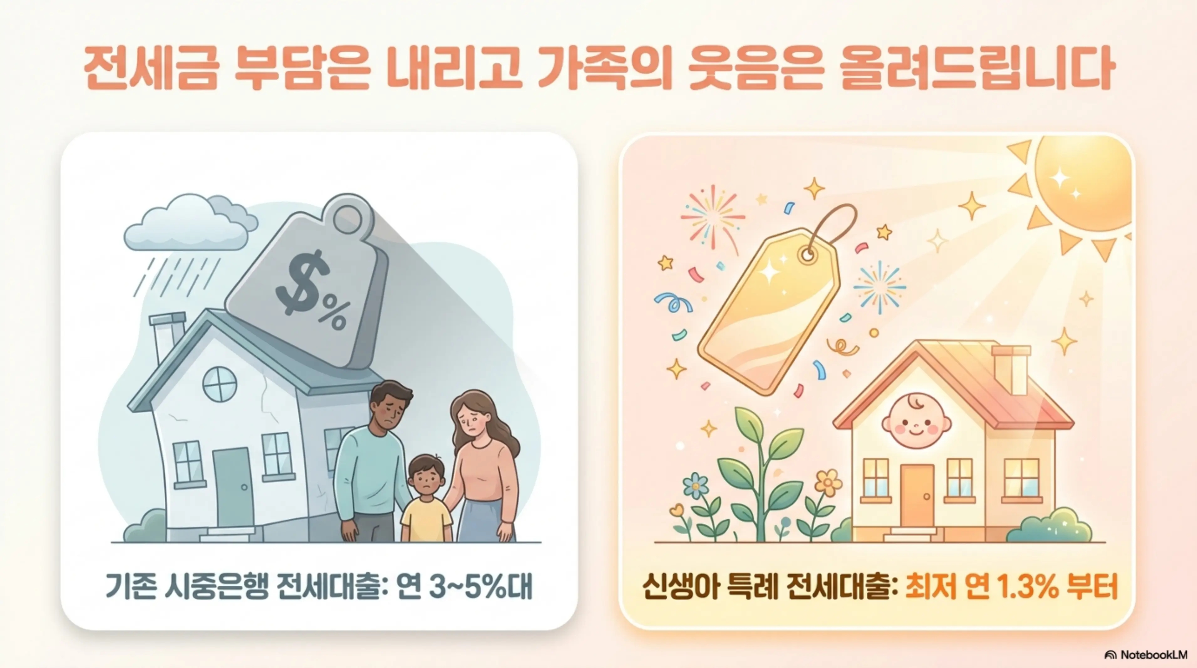신생아 특례 버팀목전세대출: &rdquo;전세금 부담은 내리고 가족의 웃음은 올려드립니다 기존 시중은행 전세대출 연 3~5%대 신생아 특례 전세대출 최저 연 1.3% 부터