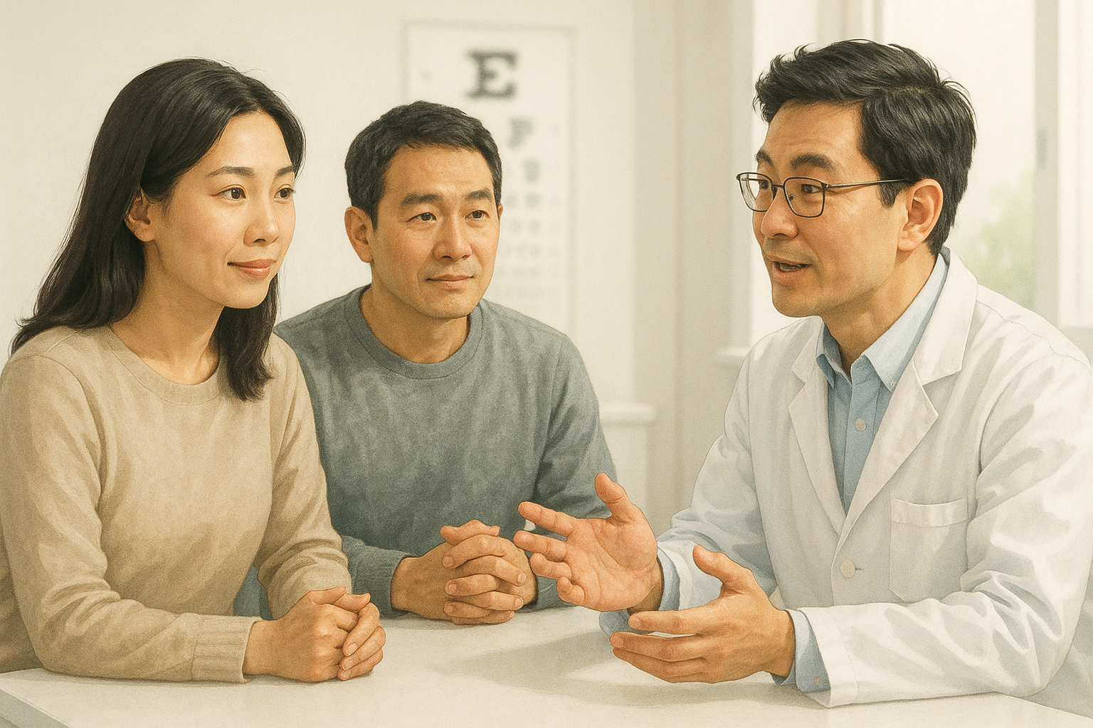 안과 의사의 설명을 듣는 남녀 일러스트
