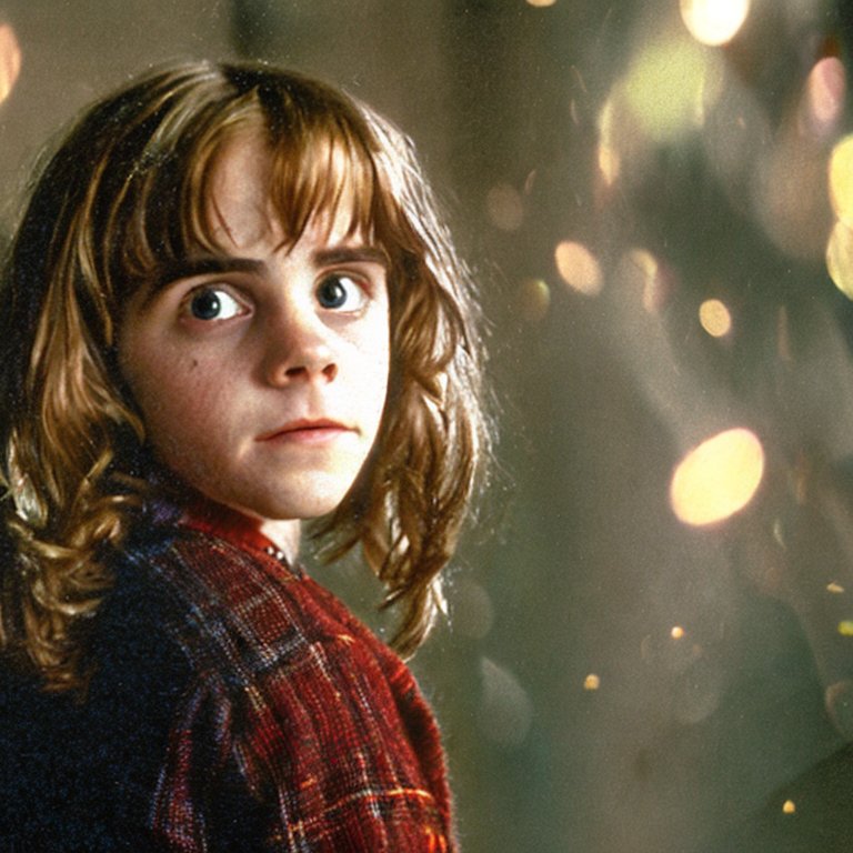 A cinematic film still of Emma Watson as Hermione in Harry Potter and the Sorcerer's Stone, portrait, 40mm lens, shallow depth of field, close up, studio lighting