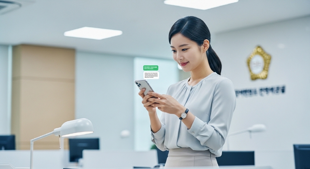 세금 납부 후 문자 수신을 확인하는 여성 대표