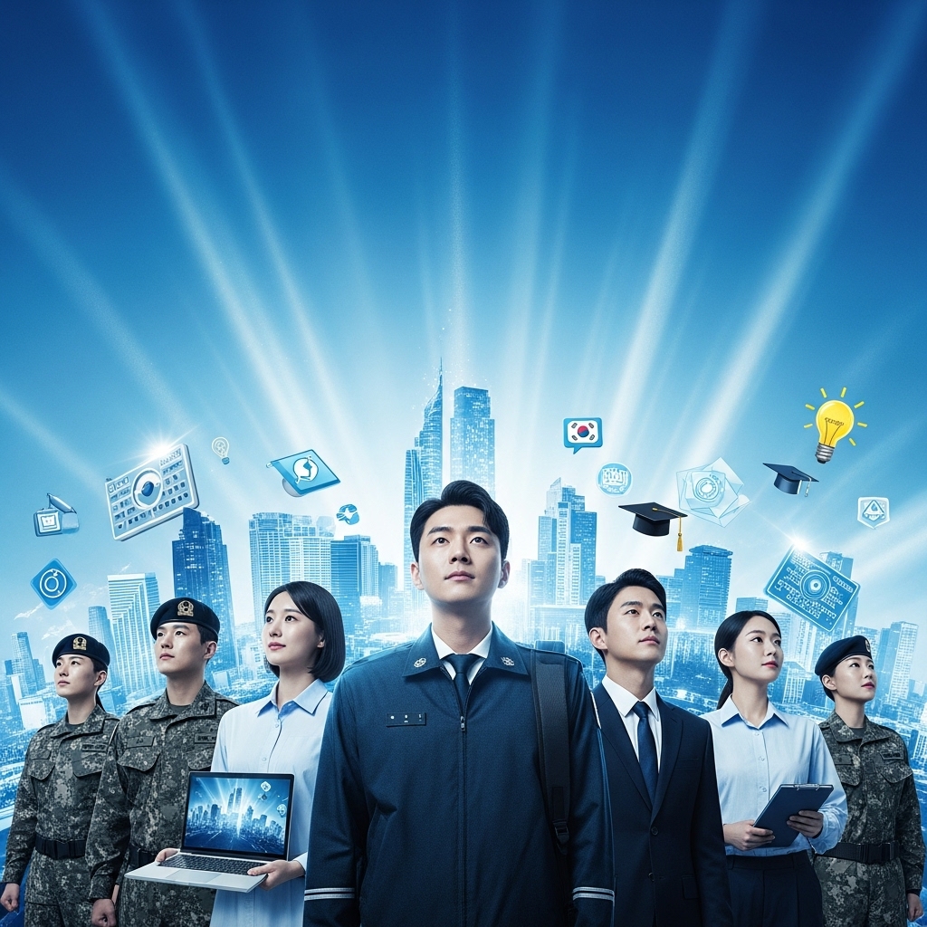 병역 의무를 마친 청년들이 밝은 미래를 향해 나아가는 희망찬 모습