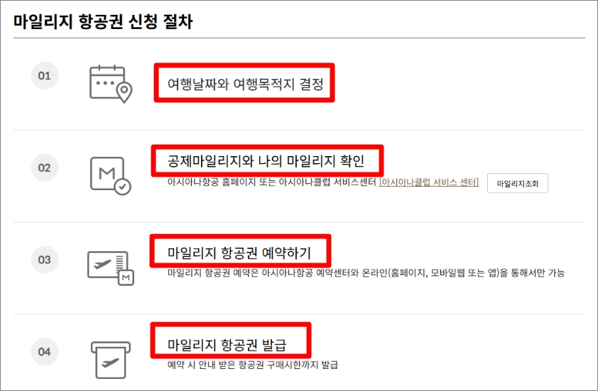 &lt;항공권&gt; 아시아나 마일리지 항공권 예약 - 출처: 아시아나항공-