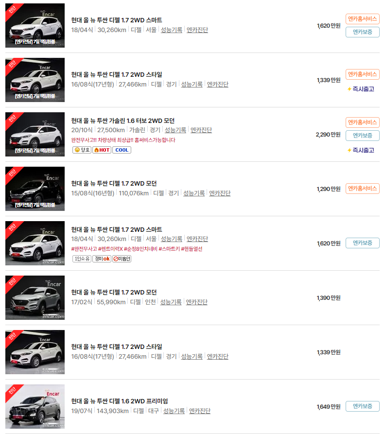 올 뉴 투싼(15~20년식) 중고차 가격