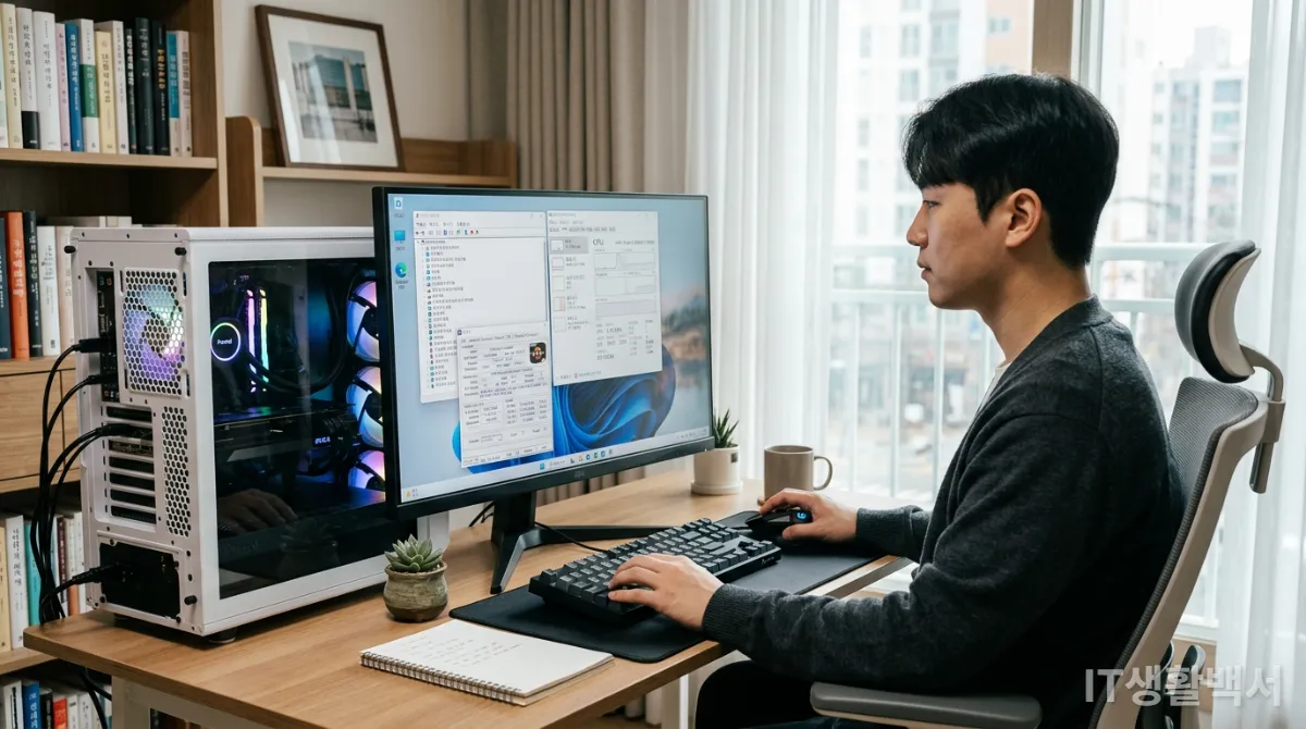 윈도우 운영체제가 설치된 PC 화면과 드라이버 설치 과정을 보여주는 모습