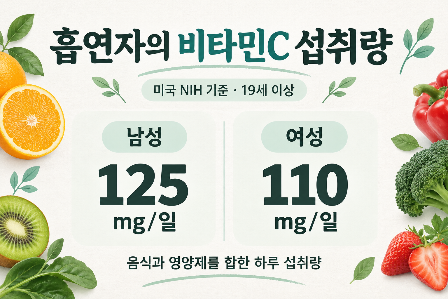 흡연자 비타민C 권장량 남성125mg 여성110mg 음식과 영양제 합계
