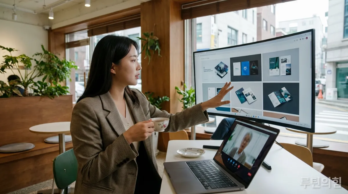한국인 디지털 노마드가 카페에서 원격으로 클라이언트에게 포트폴리오를 발표하는 모습. 성공적인 커리어를 위한 포트폴리오 구축과 네트워킹을 강조한다.