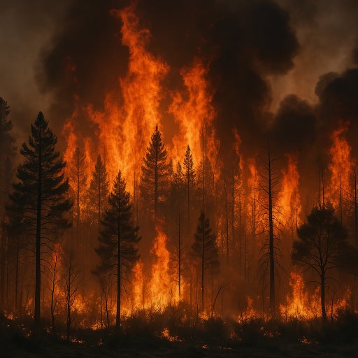 산불로 불타는 숲의 모습 – 2025년 산불 피해 현장, 기후 변화와 자연재해의 심각성을 보여주는 이미지