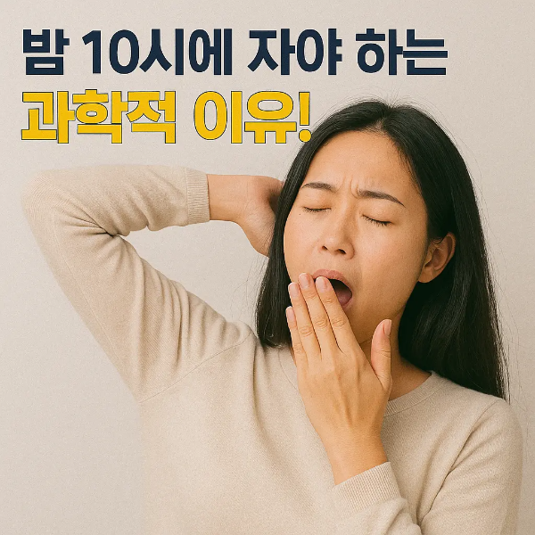 밤 10시에 자야 하는 이유를 설명하는 한국인 여성의 하품 이미지