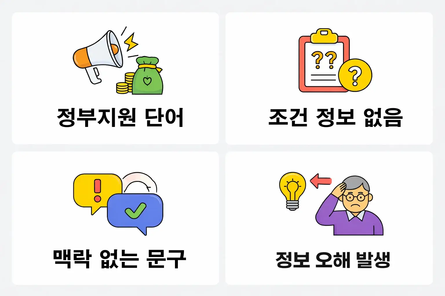 카카오페이 정부지원대출 퀴즈에서 조건 설명 없이 노출되는 문구가 정보 혼동을 만드는 핵심 원인을 분석한 이미지입니다