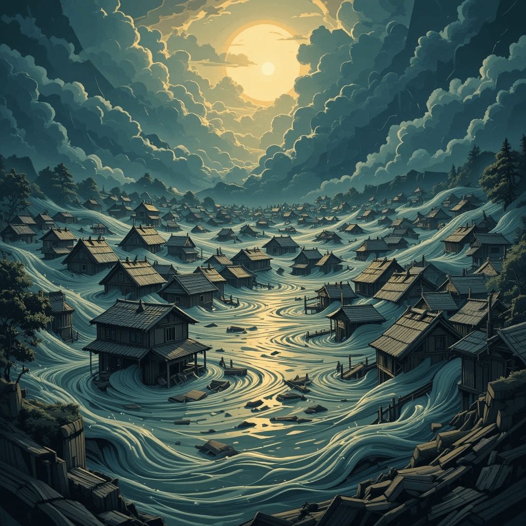 물(홍수)이 나오는 흉몽 중 홍수가 마을을 휩쓰는 꿈의 이미지입니다.