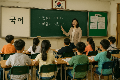 2022 개정 교육과정을 반영한 초등학교 교실에서 아이들이 선생님과 국어 수업을 하는 모습