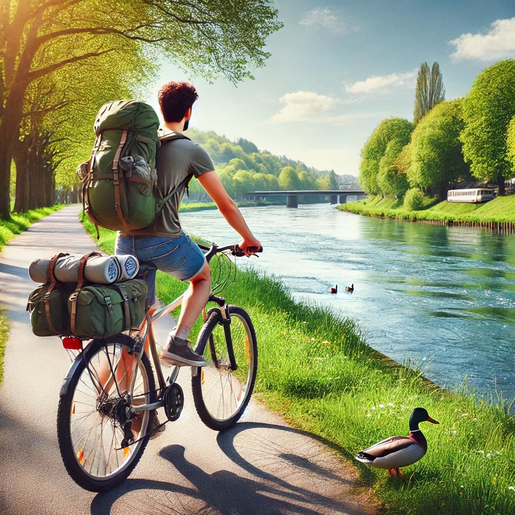 강변 자전거 도로를 달리는 여행자 사진