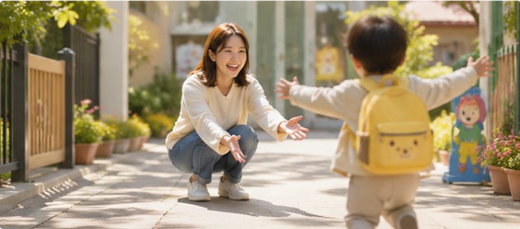 어린이집 하원 후 마중나온 엄마에게 두팔을 벌리며 뛰어가고 있는 남자 아이의 뒷 모습과 그런 아이를 바라보며 웃고 있는 엄마의 모습