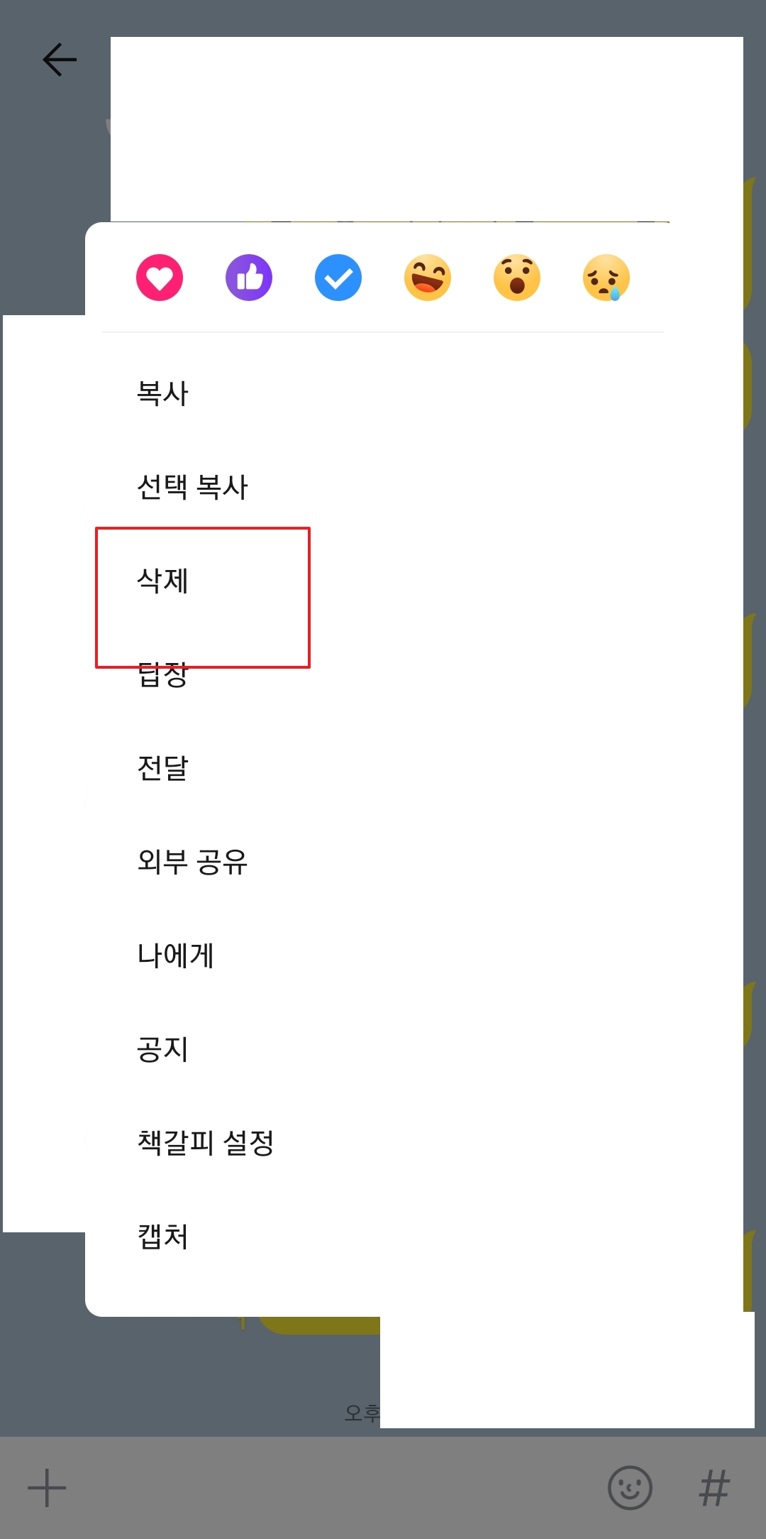 메시지 길게 누른 후 나타난 메뉴에서 삭제 버튼을 선택하는 모습