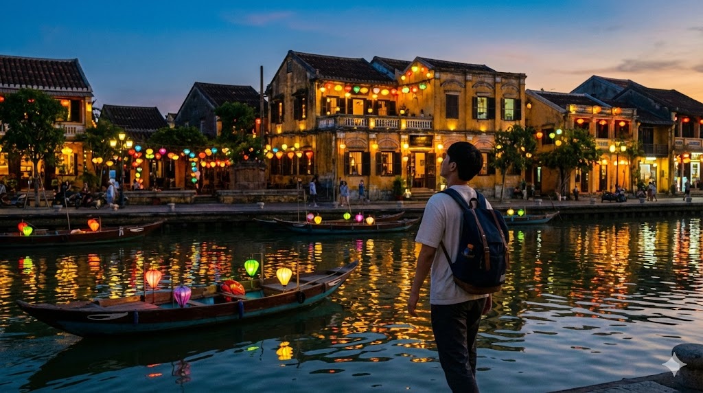 저녁 무렵 베트남 호이안의 등불이 켜진 아름다운 풍경 속 한국인 배낭여행객.