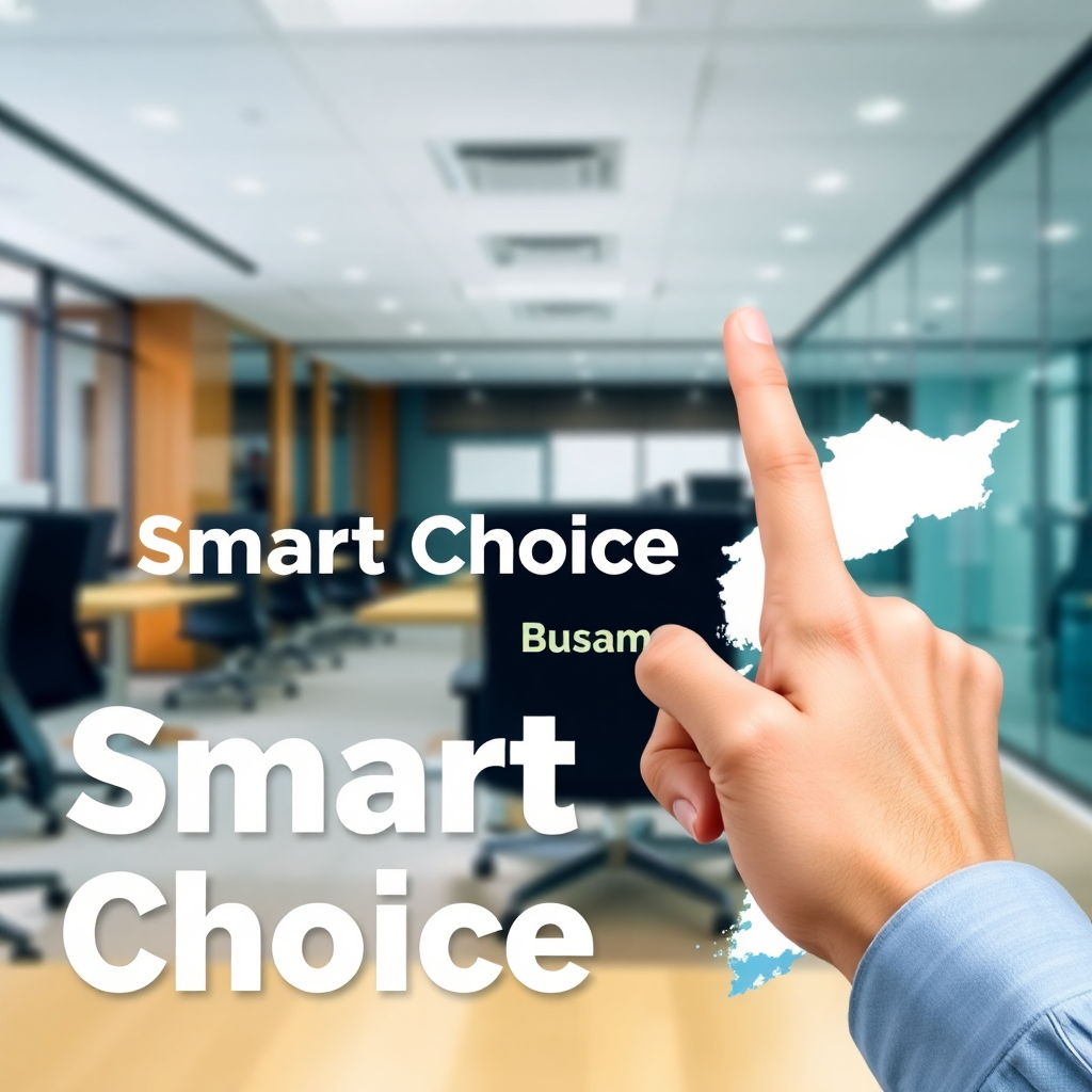 여러 지역의 지점들을 가진 기업의 사무실 모습을 배경으로, 지도 위에서 한 지역(부산)을 가리키는 손가락과 '현명한 선택'이라는 문구가 함께 있는 이미지입니다. 전략적인 등록 결정 과정을 암시합니다.