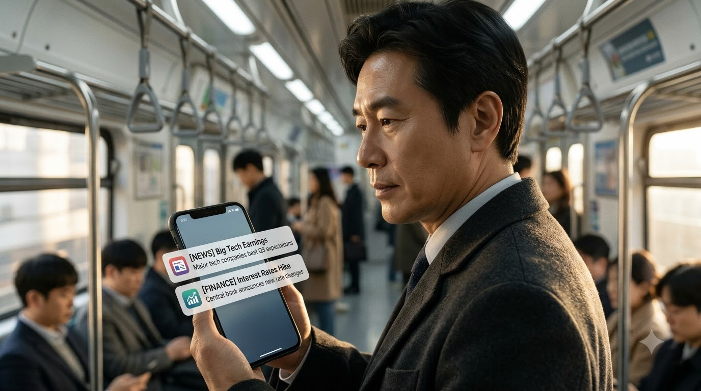 목요일 아침 출근길 지하철에서 실적 뉴스와 금리 뉴스 알림이 동시에 뜬 스마트폰을 보는 50대 남성