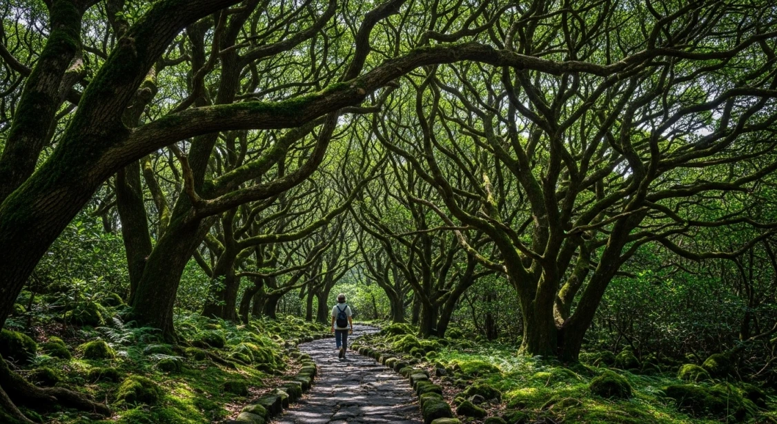 제주 비자림로의 울창한 비자나무 숲길을 걷는 사람의 모습.