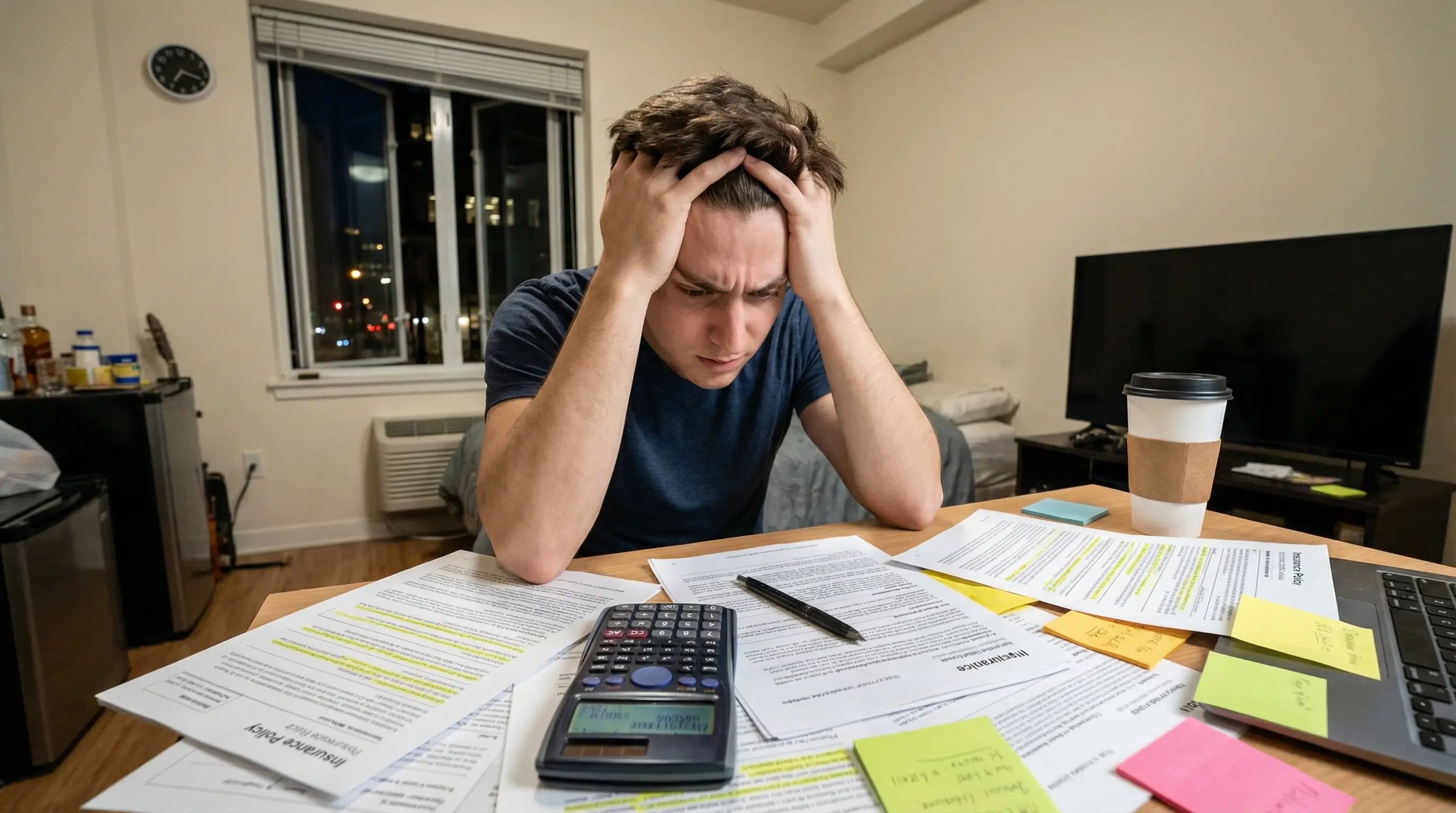 복잡한 보험 약관과 계산기 앞에서 고민하는 사회초년생의 모습