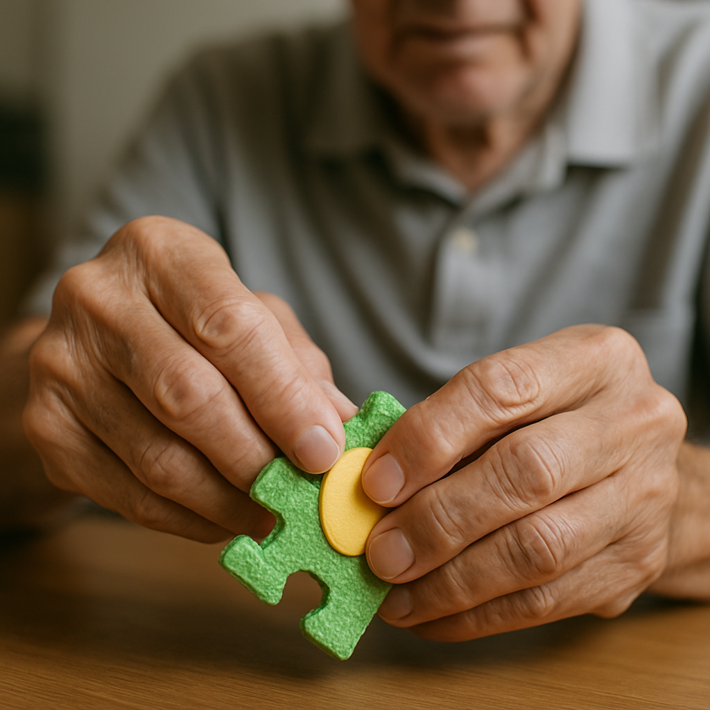 남성 노인이 손으로 퍼즐을 만지고 있는 모습